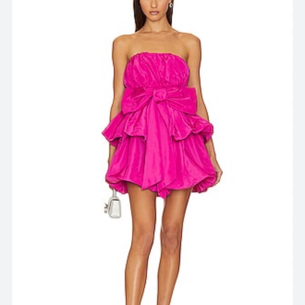 LoveShackFancy Strapless Hot Pink Bubble-Hem Dress with Bow